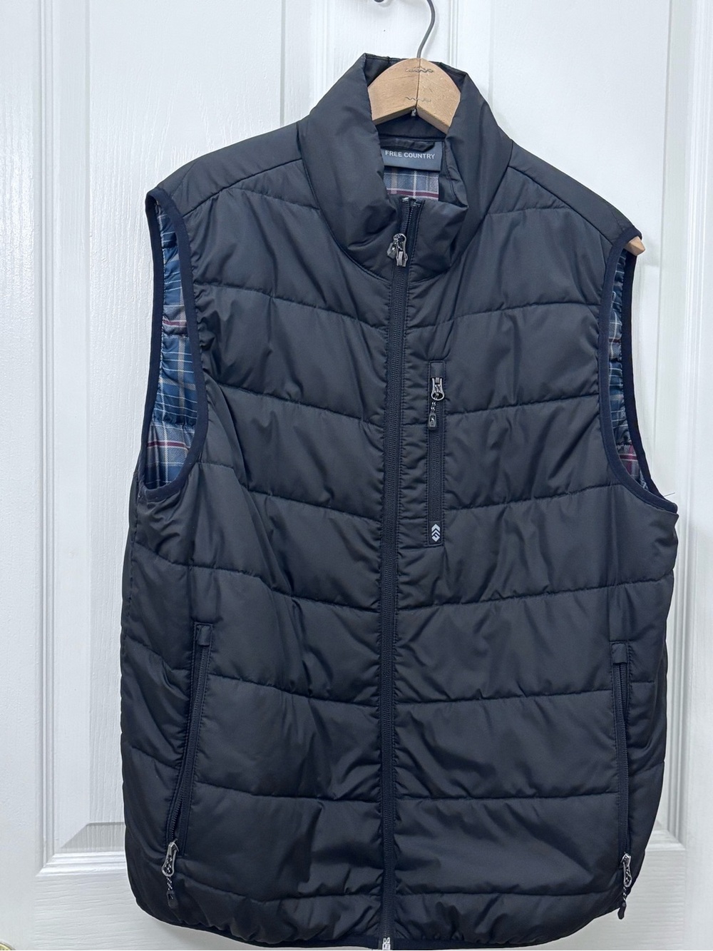 Free Country Black Quilted Puffer Vest with Plaid Trim